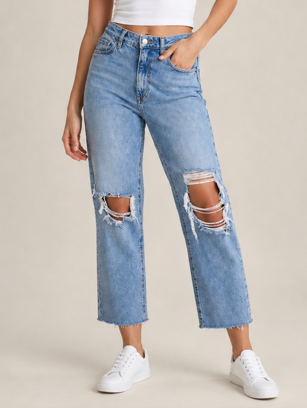 Good American Good Boy Crop Straight Leg Frayed Hem Jeans Indigo Wash Size 10/30